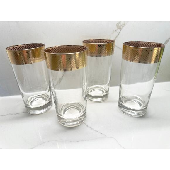 Mid-Century Modern Gold Banded Rim Checkerboard Geometric l Highball Glasses - Picture 1 of 7